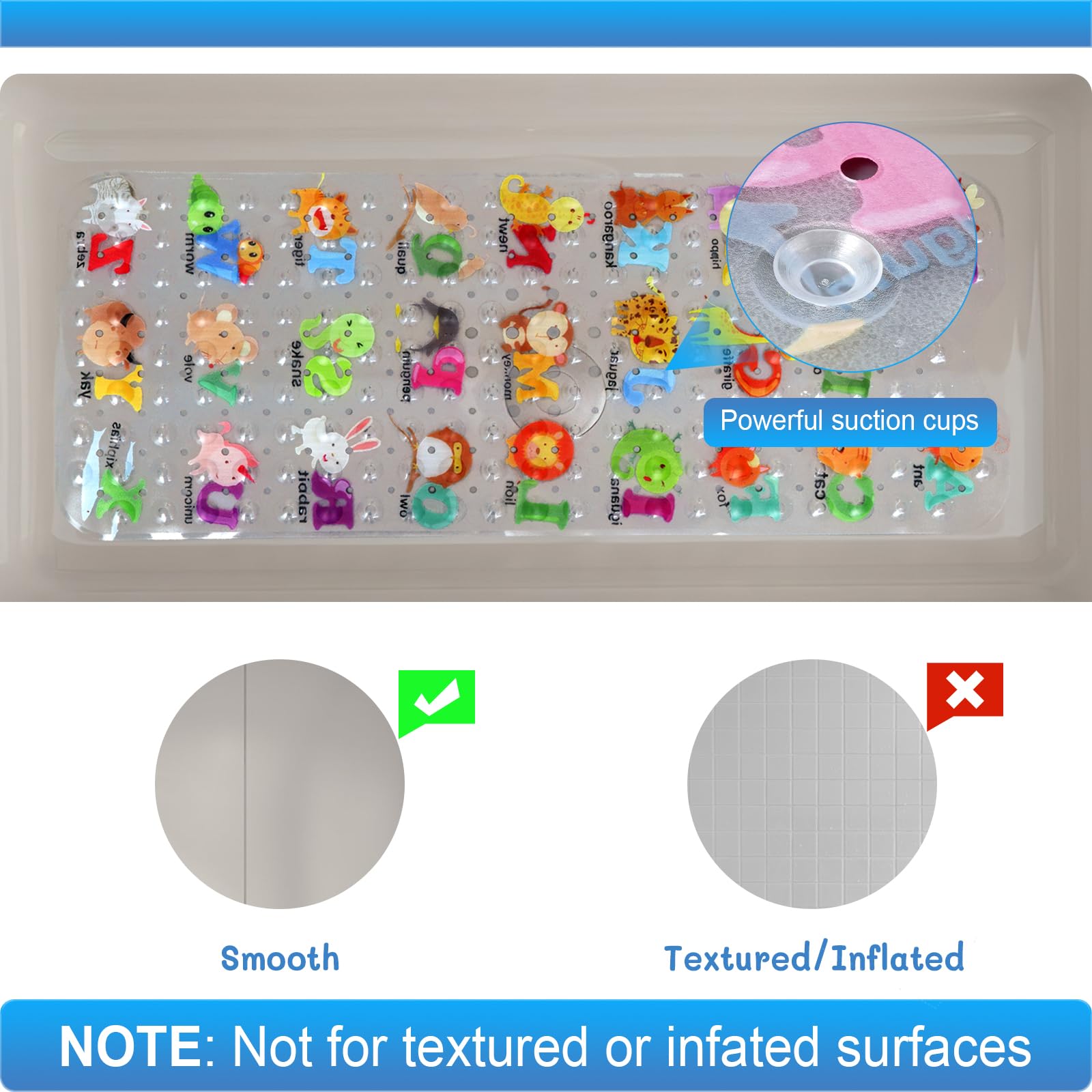 Baby Bath Mat For Tub For Kids, 40In X 16In Non Slip Cartoon Bath Tub Shower Mat Anti Slip With Drain Holes And Suction Cups Mac